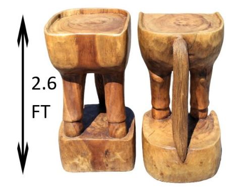 This unique pair of hand carved barstools depict the back end of a donkey or horse. Each stool has a recessed seat to allow f