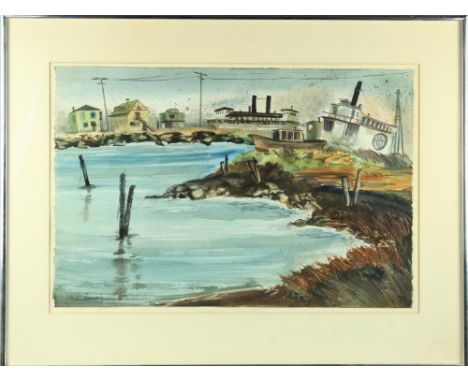 Signed and dated. "Sausalito Architects". Sausalito Waterfront with two San Francisco ferry boats at their final resting plac