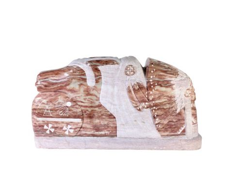 Signed Leonard Howard and dated '99. Pink Alabaster Native American Sculpture. Heavy. Approx 12 x 21 1/2 in. Please note that