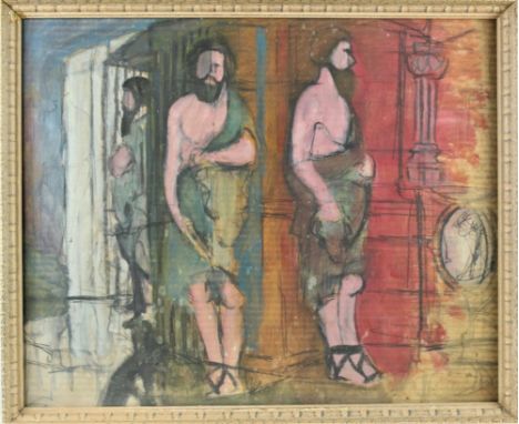 Gouache on corrugated cardboard of Romanesque figures. There is another gouache painting on reverse, that of a circus trailer