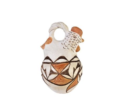 Small pitcher with sitting hen motif, geometric polychrome decoration. Signed: Acoma, N.M. Approx. 7 in. Please note that all