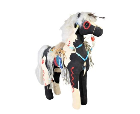 Cloth horse sculpture with painted decoration, suede and beadwork, and natural fiber mane and tail Size: 14 1/2 x 13 1/2 in. 