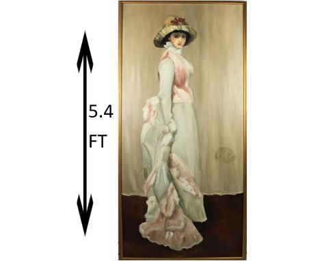 Large portrait of a woman, painted In the manner of J. A. Whistler. Oil on canvas, indistinctly signed. Overall size: 65 x 32