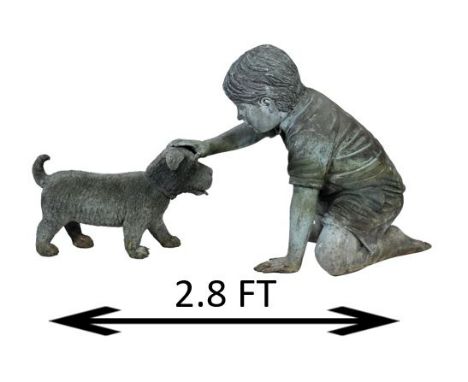 Metal sculpture with patination, of sitting boy petting dog. Boy figure is hollow, dog may be solid metal. Size: 19 x 34 1/2 