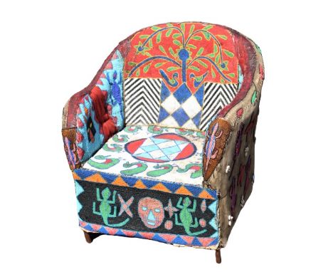 Early queen's chair from Yoruba tribe of Nigeria, Africa. Suedelike fabric vividly decorated with glass beads and cowrie shel