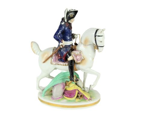 French Napoleonic figure on horse, porcelain. As is (corded rein needs replacing). Size: 11 1/4 in. tall. Please note that al