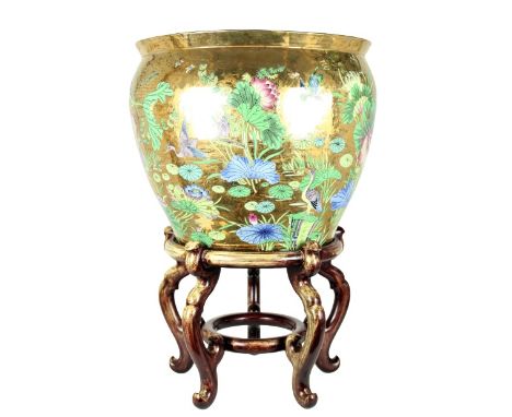 Polychrome decorated exterior and interior Size of bowl: 14 x 16 1/2 in. Size of stand: 11 1/2 x 14 in. Please note that all 