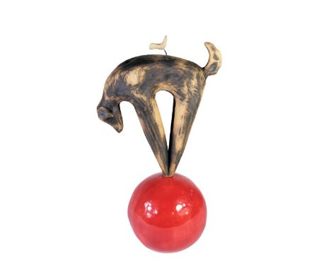 Ceramic and wood sculpture. Signed Broski on the underside. Awards: Best of Show Philadelphia Buyers’ Market of American Craf
