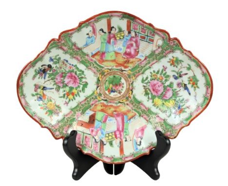 Shaped Rose Medallion/Rose Mandarin. Late 19th C. Footed Porcelain Tray Size: 12 x 9 1/2 in. Please note that all sales are f