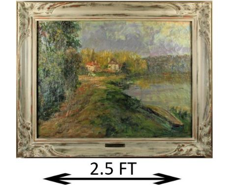 Impressionist landscape, oil on canvas. Overall size: 24 x 29 3/4 in. Sight size: 17 3/4 x 23 1/2 in. Please note that all sa
