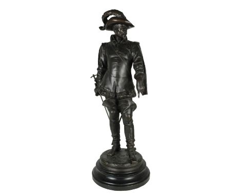 Cavalier w sword, bronze, signed at base. Size: 22 1/2 in. H Size of base: 8 in. W Please note that all sales are final and n