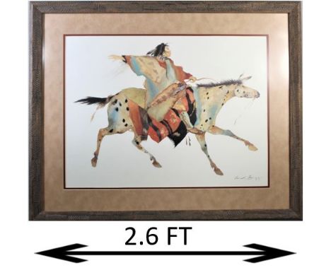 Framed print of woman on horse, signed lower right. Grigg draws inspiration from her Cherokee Indian heritage, nature, and pr