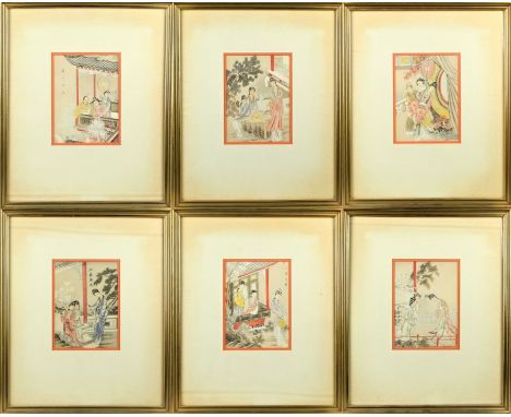 Hand colored and signed. Beauties engaged in a variety of feminine pursuits. Size of each: Overall size: 18 x 15 in. Sight si