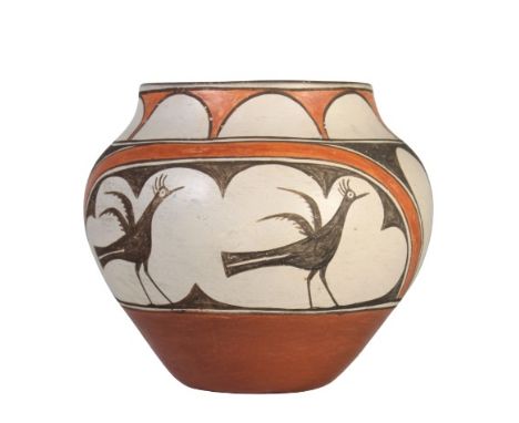 Polychrome Bird Jar, circa 1960s, signed on bottom Juanita Pino, Zia Pueblo. Pino was recognized as an outstanding potter as 