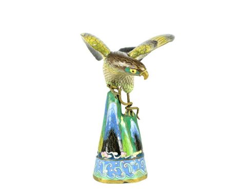 Bird standing on a mountain with snake wrapped around its leg. Meticulous cloisonne work. 2 pieces. Opens at base. Size: 5 1/
