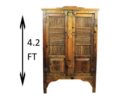 Wooden cabinet with distressed finish with traces of green paint, twig inset decoration. Made in Mexico. Measurements: 31 3/4