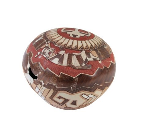 Hopi decorative globe sculpture, signed Lawrence Namoki, 89. Pot in restored condition with loss.  Approx 6 in tall. Please n