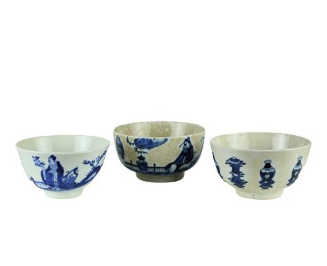 Three Chinese porcelain Canton bowls, hand painted blue &amp; white, each with mark on bottom. Approx 3 in tall. Please note 