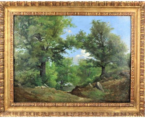 Barbizon landscape. Original oil on canvas. Original stretcher, original lining. Appears to be in uncleaned condition. Signed