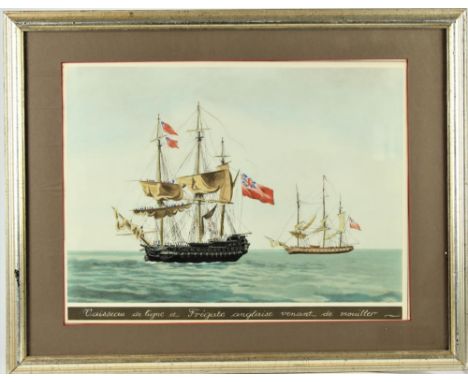 After Jean Jerom Baugean (1764-1819) French. Print of an English Frigate raising sails. Overall size: 18 3/8 x 23 3/8 in. Sig