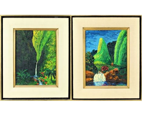 Two oil paintings on canvas, signed and inscribed. Oahu Falls and Iao Needle, Maui. Overall size: approx. 18 x 15 in. Sight s