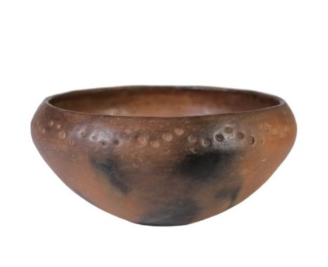 Taos Pueblo historic bowl, incised pattern around rim, mica clay, fire clouds, artist unknown. Size: 4 x 9 in. Please note th