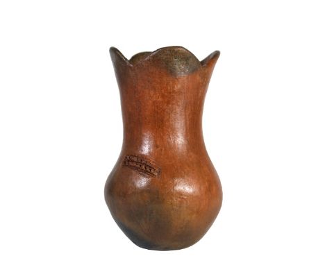 Redware vase with scalloped rim. Size: 6 1/2 x 3 1/2 in. Please note that all sales are final and no refunds will be given un