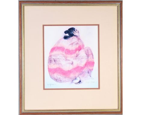 Color print of American Indian sitting woman wrapped in pink blanket, by R.C. Gorman. Gorman is a Navajo artist whose art ref