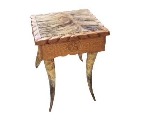 Horn and cowhide square end table with hand-chiseled sides. Measurements: 22 x 22 x 26 in. Please note that all sales are fin