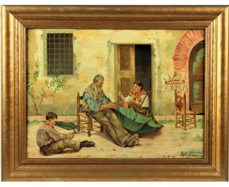 "The Umbrella Makers", oil on canvas. Indistinctly signed. Overall size: 14 1/2 x 18 1/2 in. Sight size: 10 1/2 x 14 1/2 in. 