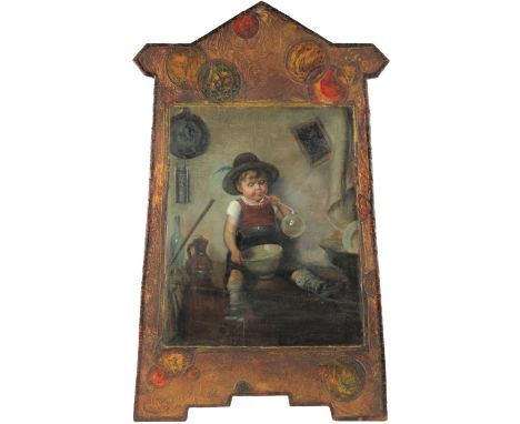 A delightful piece depicting a boy blowing bubbles, oil on canvas mounted on board. The board repeats the bubble theme of the