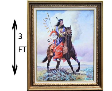 Oil on canvas, depicting an American Indian on horseback. Signed lower right: Perillo '82. Gregory Perillo is a western paint