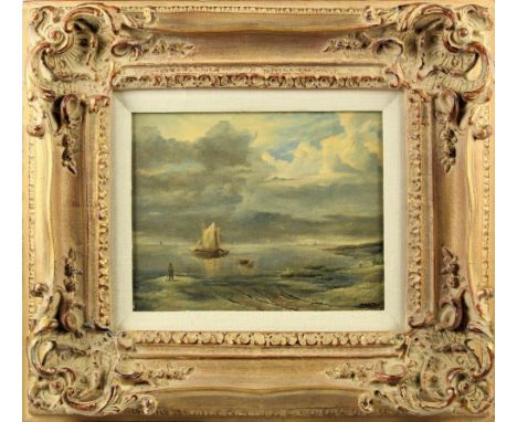 Harbor scene with dramatic sky. Oil on canvas. Overall size: 16 x 18 in. Sight size: 7 1/2 x 9 1/2 in. Please note that all s