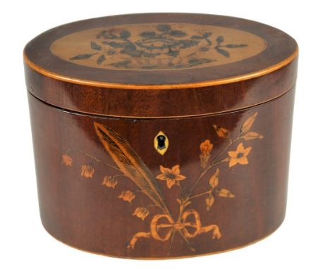 Regency period oval inlaid tea caddy. Early 19th C. Original interior, inlay, in good condition. Rare form. Size: 5 1/2 x 4 1