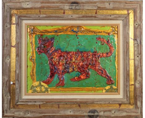 Highly glossed acrylic painting with thick impasto on masonite, of a feline, possibly that of a wildcat. Signed lower right: 