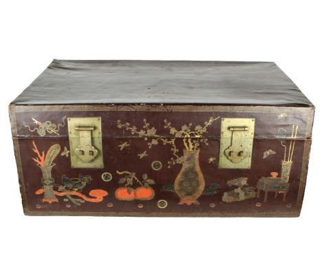 Wooden trunk with leather like exterior. Stamp on interior of lid. Size: 32 1/4 x 22 x 14 in. Please note that all sales are 