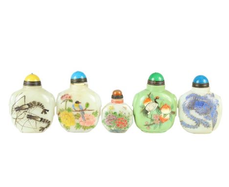 5 wide stone snuff bottles, each w a hand painted scene. They all have a marking on the underside and are under 3.5 in. Pleas