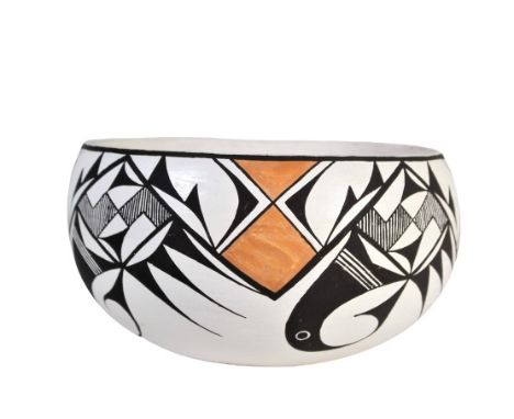 Native American white polychrome bowl with orange and black geometric bird design. Signed: Emma Lewis, NM Size: 3 3/4 x 6 1/4
