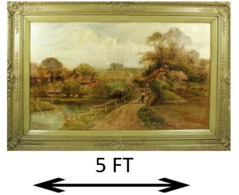 Idyllic Country Village Scene. Oil on Canvas. Overall size: 41 x 60 1/2 in. Sight size: 29 1/2 x 49 1/4 in. Please note that 