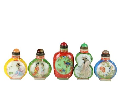 Gorgeous snuff bottles with a hand painted scenes on each one. All have a marking on the underside and show signs of aging. A