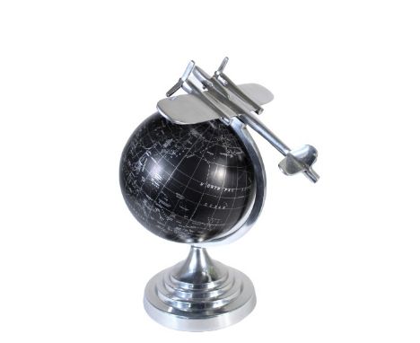 Black globe with a 1930s plane model flying above. Approx 14 1/2 in tall. Please note that all sales are final and no refunds