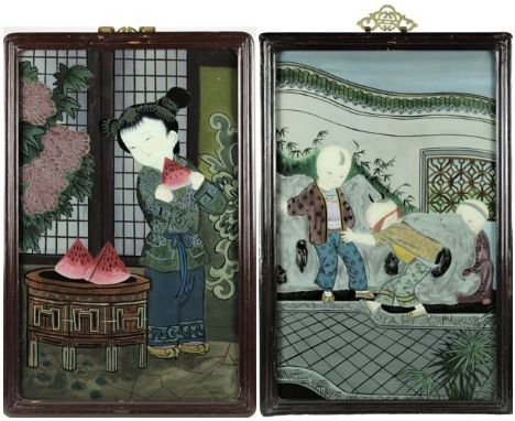 Depicting a girl eating a watermelon and boys playing hide and seek. Overall size: 22 x 14 1/2 in. Sight size: 20 x 12 1/2 in
