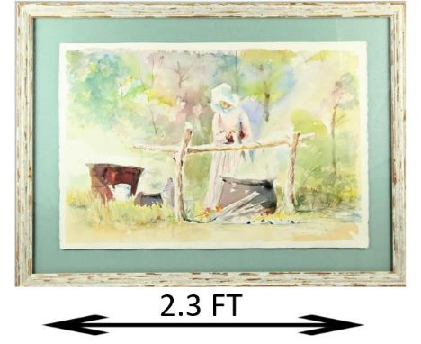 Beautiful watercolor, traditional cooking methods. Signed and dated '93. Overall size: 20 1/2 x 28 in. Sight size: 15 x 22 1/
