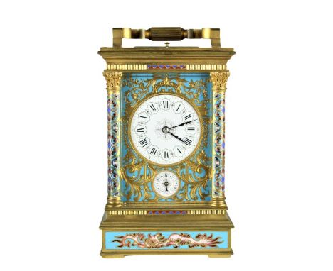 Late 19th C French Champleve Enameled Repeater Carriage Clock. The Anglaise Riche case of characteristic design, enriched wit