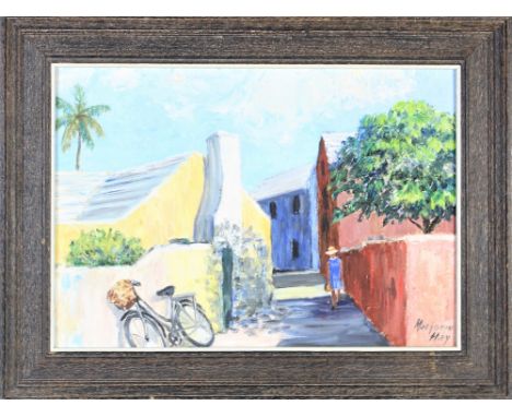 Oil painting on artist's painting panel, of a street in St. George, Bermuda. Signed in lower right and titled and dated on re