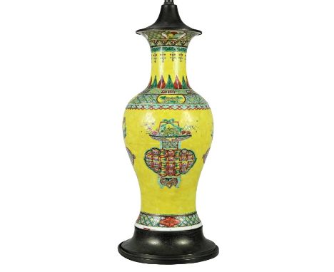 Kang Xi (1661-1722) Imperial Yellow Enameled Porcelain lamp. Delicately enameled vase converted into lamp. With original silk