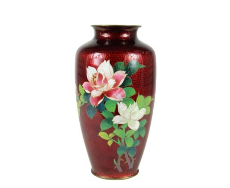 Red cloisonne vase. Size: 7 1/4 x 3 3/4 in. Please note that all sales are final and no refunds will be given under any circu