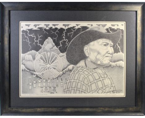 Framed lithograph entitled "Through the Eye of Age &amp; Wisdom; Jenito Garcia", by Duke W. Sine, '83. Duke Sine’s paintings 