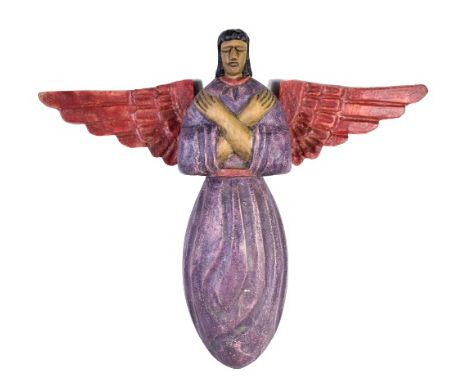 Stylized carved painted wooden angel sculpture or wall hanging. Size: 13 x 15 in. Please note that all sales are final and no