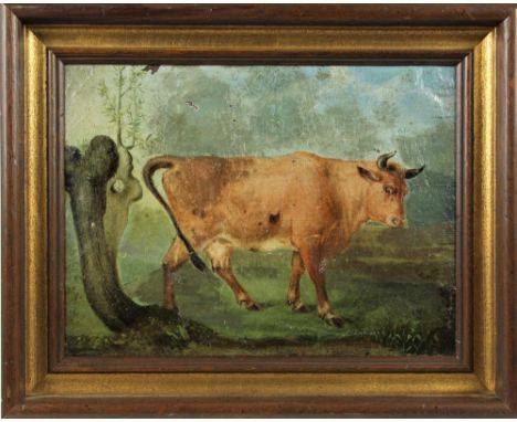 Delightful painting of cow in landscape. Oil on canvas, mounted on board. Appears to have minor damage in several areas. Over